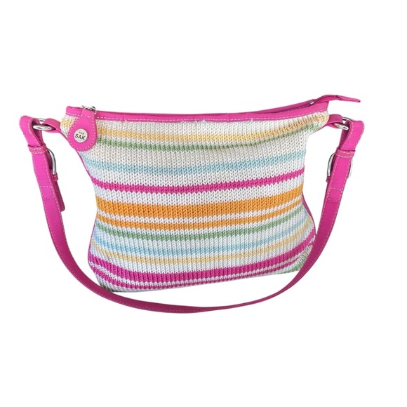 The Sak Rainbow Stripe Crochet Shoulder Bag Pink Trim Adjustable Strap - Picture 8 of 10